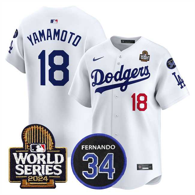 Mens Los Angeles Dodgers #18 Yoshinobu Yamamoto White 2024 World Series With Fernando Memorial Patch Limited Stitched Baseball Jersey